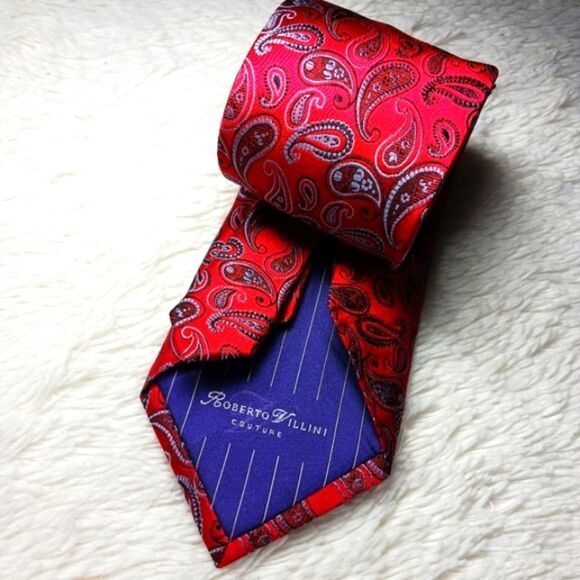 Roberto Villini Couture Tie. Silk. Made in Italy. Red Print. - Picture 5 of 5